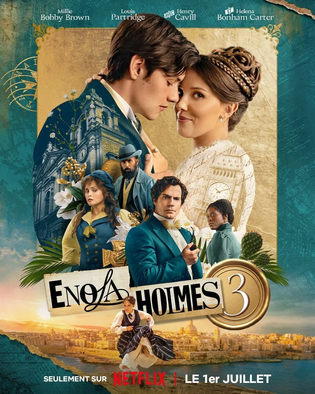 affiche du film enola holmes 3 avec les acteurs principaux et Malte en arrière-plan