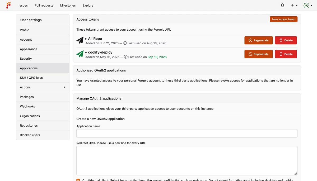 page de paramètres utilisateur forgejo affichant les tokens d'accès et les applications oauth2 autorisées