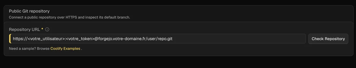 formulaire de connexion à un dépôt git public avec un champ d'url et un bouton de vérification