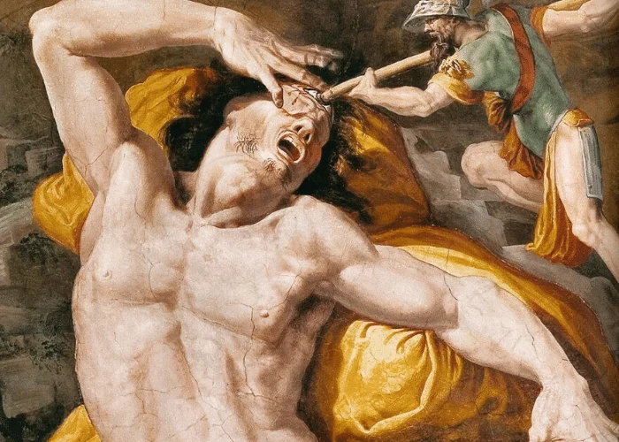 peinture baroque représentant un homme nu musclé entouré de figures ailées qui le tourmentent