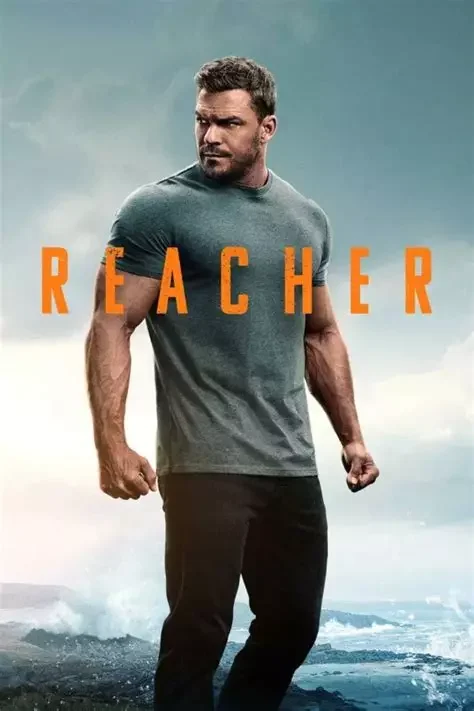 Affiche de la série reacher montrant un homme en t-shirt gris face à un paysage montagneux