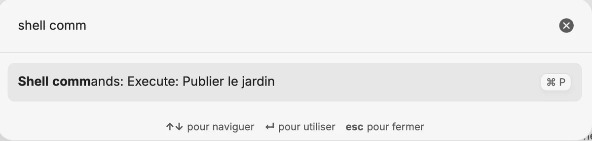 interface de commandes shell affichant « Publier le jardin » avec des instructions de navigation